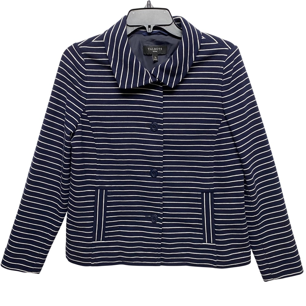 Talbots Petites Navy White Striped Blazer Jacket Women's MP - Picture 2 of 7